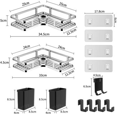 Поличка для душу без свердління, кутова, 2 шт. Органайзер для ванної кімнати з 4 гачками, чорний (A-silver)