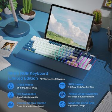 Механічна клавіатура RK ROYAL KLUDGE RK96 RGB Limited Ed: 96 клавіш, 90% layout, Bluetooth 5.0/2.4G/USB-C, Hot-Swap, RGB підсвітка, RK Yellow Switch, Wald Blau, QWERTY