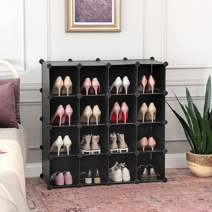 SONGMICS Shoe Rack, Shelving System, Cube Storage Rack, Set of 15 Cubes, DIY Shelf, Stackable, Made of PP Plastic, as a Wardrobe, for Bedroom, Office, 113 x 36 x 113 cm, Black LPC445B02