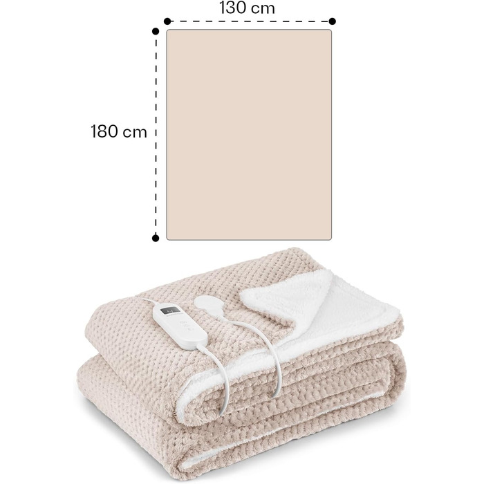 Електрична ковдра Klarstein XL з автовимкненням, 180x130 см. Тепла та комфортна ковдра для ліжка та дивана, 9 рівнів нагріву, машинне прання, двостороння, пісочний колір