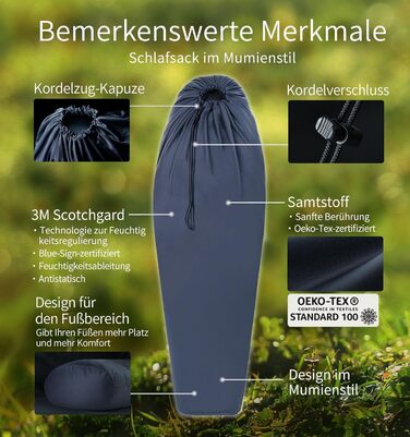 Вкладиш у спальник Litume Thermolite/Velour, антисептичний, для кемпінгу та походів, для температури 12°C/8°C, легкий, з капюшоном та шнурком, універсальний, мумія, рюкзачний, для цілорічного використання