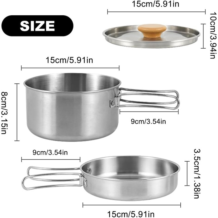 Набір кухонного посуду для кемпінгу Udbrud: нержавіючий посуд з кришкою та складним ручками. Набір для кемпінгу, пікніків, риболовлі та походів