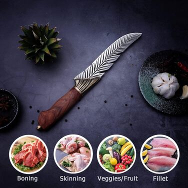 PURPLEBIRD Fillet Knife Sharp De-boning Knife with Wooden Handle, Japanese Cooking Knife with Leather Sheath Outdoor Knife