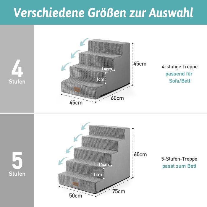 COZY KISS Dog Stairs for Small Dogs, 5 Steps Wide Pet Stairs for Bed Couch Car, 60cm High High-Density Foam Cat Stairs with Removable Cover (Gray, 75x50x60cm, 5)