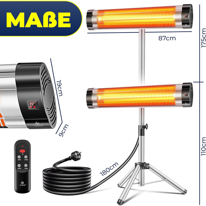 Інфрачервовий обігрівач KESSER® 2500W з пультом дистанційного керування та захисним чохлом, телескопічною стійкою, для тераси та дому