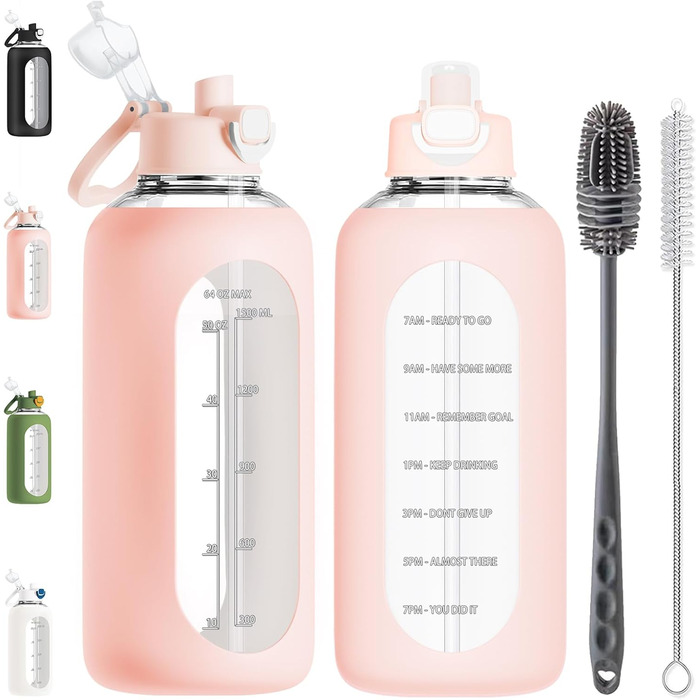 2 Liter Glass Drinking Bottle, 2L Glass Bottle, Glass Water Bottle with Straw, Bottle Brush (Pink)