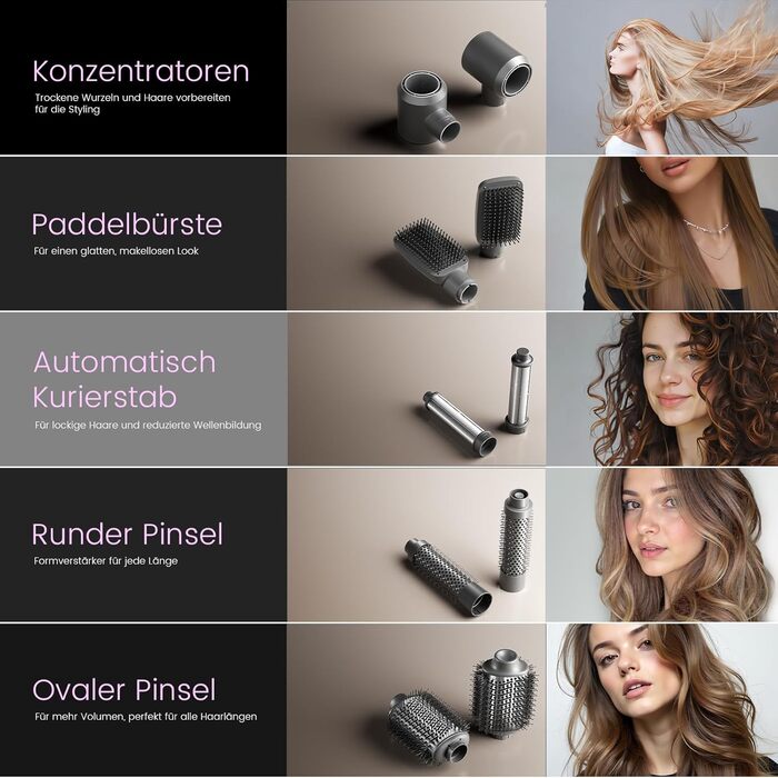 Фен-щітка Hairstyler 6 в 1: для локонів, об'єму, випрямлення та сушіння волосся, 1400W, 110000 обертів/хв, сірий