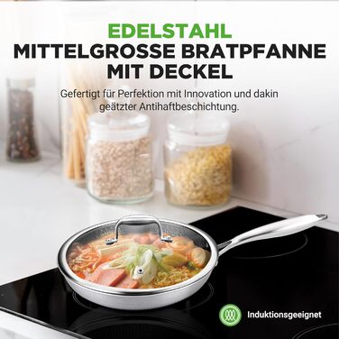 Набір сковорідок NutriChef з нержавіючої сталі, 6 предметів – антипригарне покриття, 20 см, 25 см, 30 см з кришками, сумісний з індукцією, стійкий до подряпин та придатний для духовки, набір посуду для приготування їжі (сковорода 25 см)