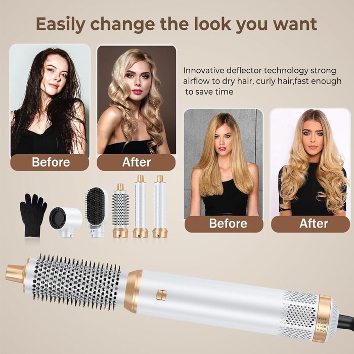 OKWRAP Hair Styler Set 5 в 1: Фен-щітка, плойка для локонів, об'єм, випрямлення. Білий сірий колір