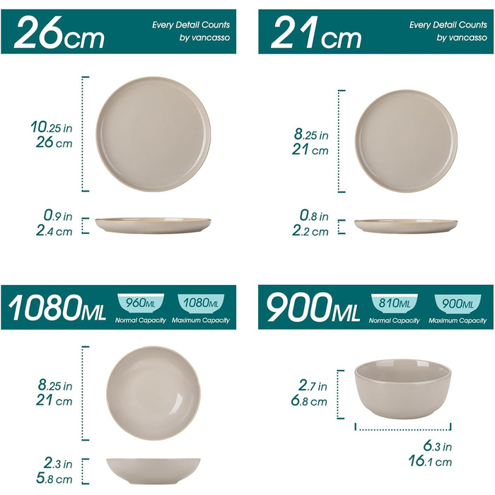Набір чашок Vancasso PLAYA 6 шт. з ручкою 480мл, чайні чашки з кераміки, придатні для мікрохвильової печі та посудомийної машини (Бежевий, Сервіз 48 шт.)
