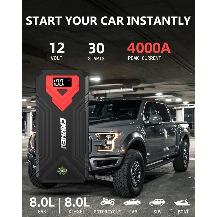 Powerbank для автомобіля Starthilfe: пусковий пристрій, 4000A, 12V, USB, LED, для бензинових та дизельних авто (до 8.0L)