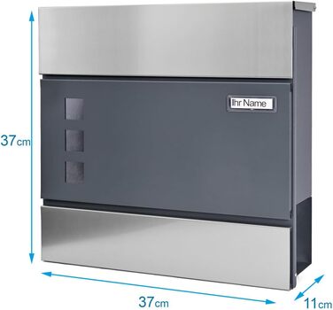 Поштовий ящик Verda з газетницею, нержавіюча сталь, антрацит, 37x37x11 см - дизайнерський вуличний ящик з вікном, ключами та табличкою для імен