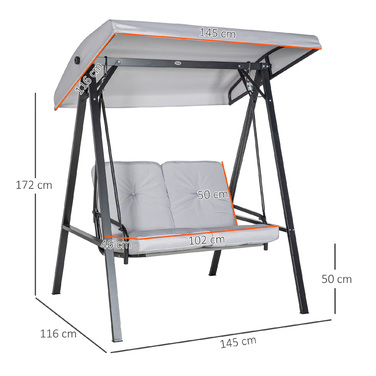 Outsunny Hollywood 2-Seater Garden Swing with Adjustable Canopy, Cushions, Swing Bench with a 220 kg (485 lbs) Weight Capacity, for Garden, Balcony, Grey, 145 x 116 x 172 cm | Aosom