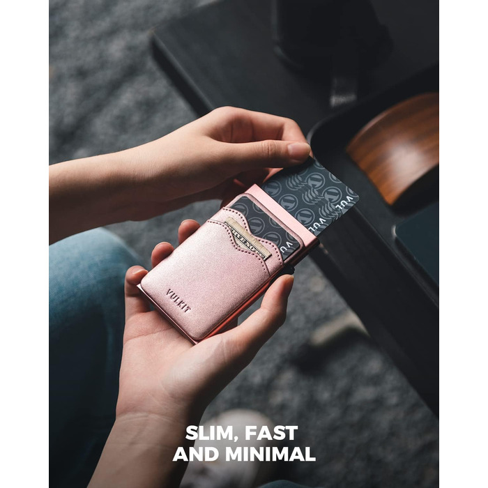 VULKIT Слім гаманець з RFID захистом та висувним відділенням для карток, шкіряний мінімалістичний металевий картхолдер для жінок та чоловіків (Перлинно-рожевий)
