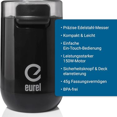 Електрична кавомолка EUREL KMA з нержавіючого сталі, змінний помел, компактний дизайн, 45г – чорний колір