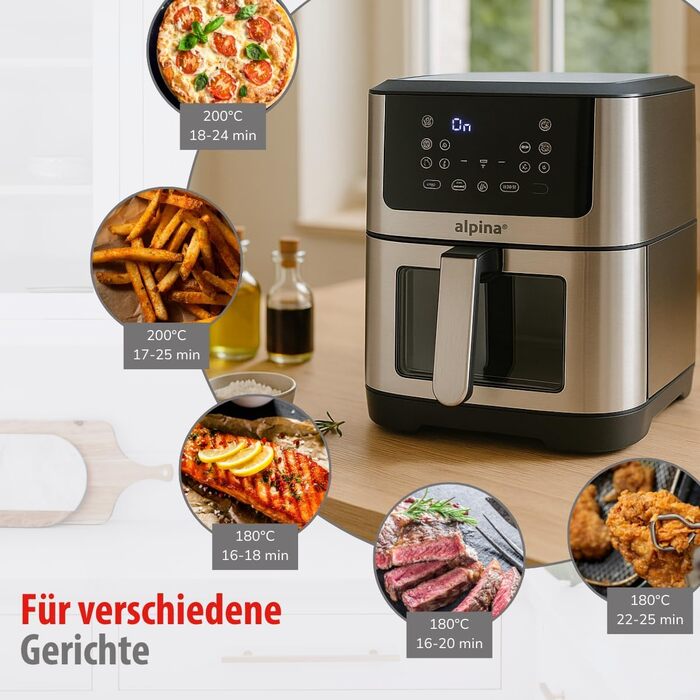 Фритюрниця Alpina Heißluft XXL: Цифрова фритюрниця Air Fryer на 8 літрів, 1800W, для 4-6 осіб, з таймером до 2 годин, 80-200°C
