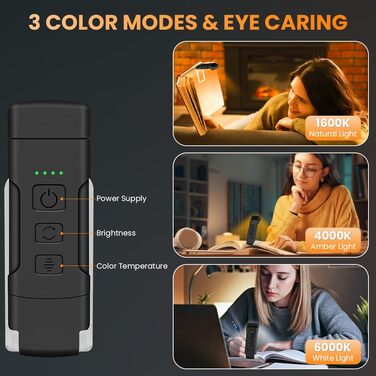 Кліпса-лампа для читання, перезарядна, 3 режими температури кольору, USB, гнучка 360°, для книг, в ліжко, для дітей та любителів читання (чорний)