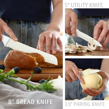 Набір ножів Hecef 14 предметів з бруском, кремового кольору, з антипригарним покриттям. Самозаточувальний ніжний блок, ергономічні ручки, компактний набір ножів для будь-якої кухні, безпечний для миття в посудомийній машині.