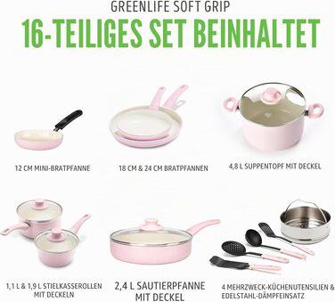 Набір кухонного посуду GreenLife Soft Grip з керамічним антипригарним покриттям, 16 предметів (сковорода, сотейник, каструлі), без PFAS, підходить для посудомийки та духовки, Рожевий