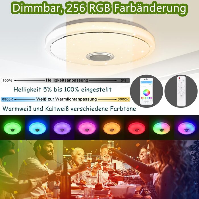Світлодіодна стельова лампа 48W з Bluetooth-динаміком, діммована, зоряне небо, RGB, керування пультом або через додаток, музика, для спальні та дитячої кімнати