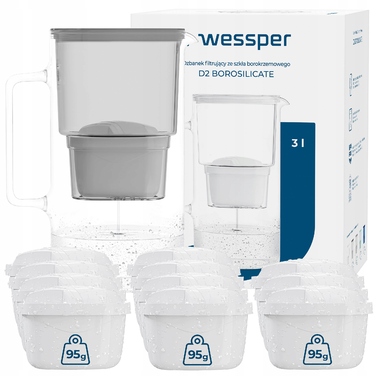 Скляний фільтрувальний глечик Wessper D2 BOROSILICATE 3л, сірий + 12 фільтрів
