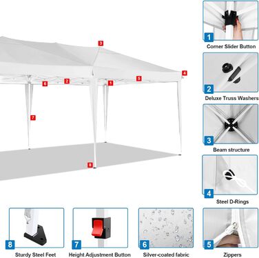 COBIZI Pop-up Pavilion 3x3, Folding Pavilion 3x3 Waterproof, Stable, Winterproof |8X Pegs|4X Wind Rope|UV Protection 50+|High Density Tarpaulin| Pavilion Foldable 3x3m Party Tent Foldable Pavilion 3x3 Garden Pavilion (White, 3x6m with 6 Side Walls)