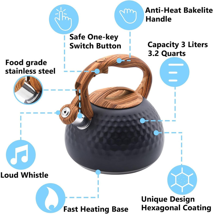 Чайник Teekessel Herd 3.2 л з нержавіючої сталі, для плити (газ, електрика), з дерев'яною ручкою, чорний