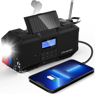 Портативне радіо Libovgogo DF-588D DAB+ FM з Bluetooth, водонепроникний корпус, сонячна панель, Powerbank 4000mAh, ліхтарик, стробоскоп, нічник, будильник