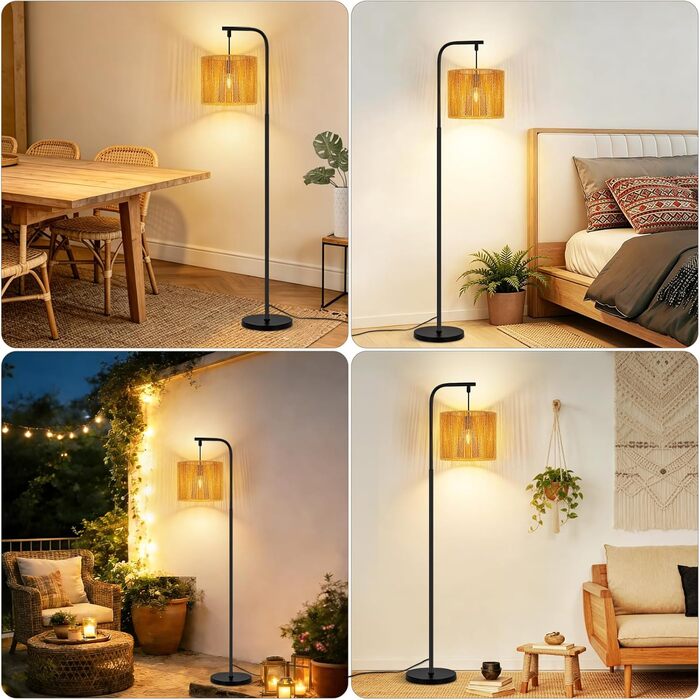 Торшер Rattan Boho - Стильний торшер для вітальні E27 164 см, чорний, з ножним вимикачем. Торшер в спальню, на терасу, в офіс, циліндричний абажур