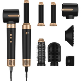 UKLISS Multistyler 7-в-1: фен, плойка, щітка для волосся, 1400W, турбіо, 3 температурні режими, насадки для локонів та випрямлення, чорний/турквіс