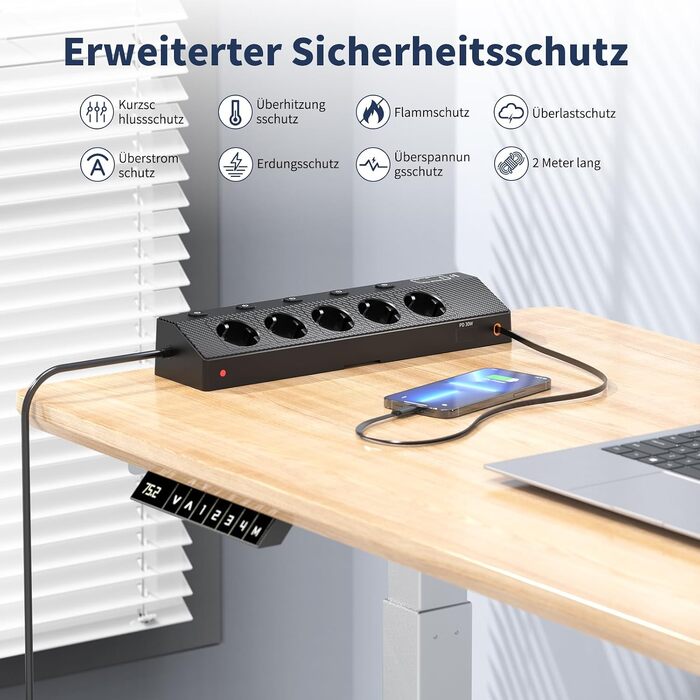 Настільний мережевий фільтр з 5 розетками та 2 USB-C (PD 30W), подовжувач з вимикачем, 4000W, кабель 2м, чорний