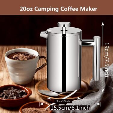 Make a French Press Coffee Maker, 21Oz Stainless Steel French Press with 3-Level Filtration System, Double-Walled Insulated French Press with 3 Filters and 1 Metal Spoon 600ml Silver