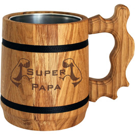 Dad Gift - Wooden Beer Stein with Stainless Steel Mug 0.5 L - Engraving with Super Dad – Beer Gift, Father's Day, Birthday Gift for Men