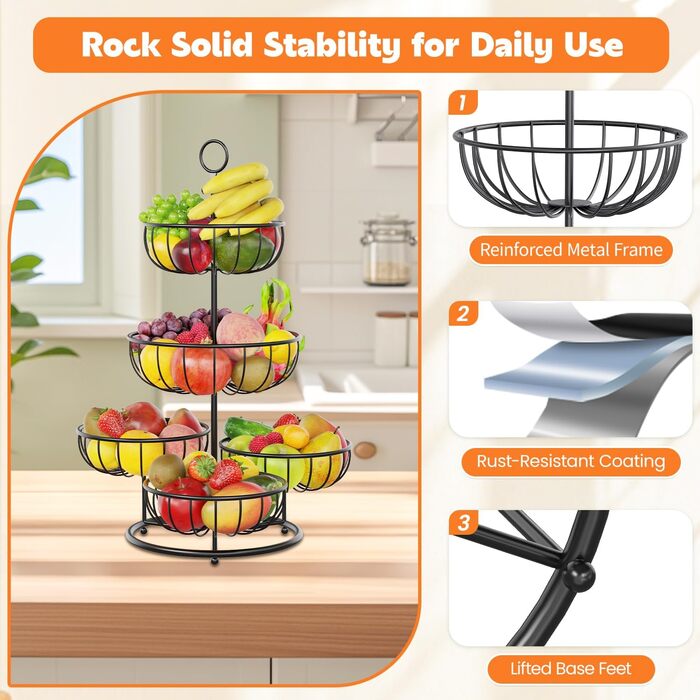 PouHenier 5-ярусна металева етажерка для фруктів та овочів, чорна, для кухні