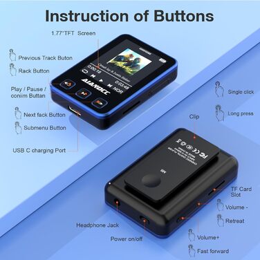 MP3-плеєр Bluetooth 5.3 зі спортивним кліпом та браслетом, 1.77