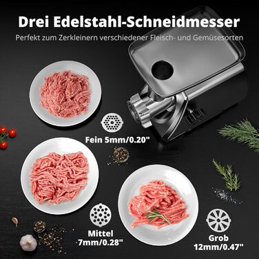 М'ясорубка електрична AIRMSEN з насадкою для ковбас, 2 сталеві ножі, 3 диски, насадка Kubbe, потужний мотор, нержавіюча сталь