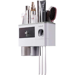 Automatic Toothpaste Dispenser Wall-Mounted, Space-Saving Toothbrush Holder for Bathroom, 2 Transparent Magnetic Cups, 6 Toothbrush Slots, 1 Cosmetic Organizer Drawer (2 Cups)