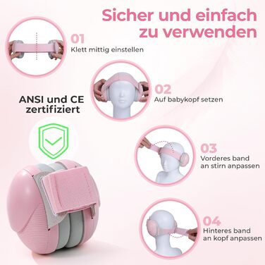 Дитячі навушники для захисту від шуму, регульовані, 0-48 місяців, сертифіковані CE та ANSI, 25 dB, для літаків, сну, рожеві