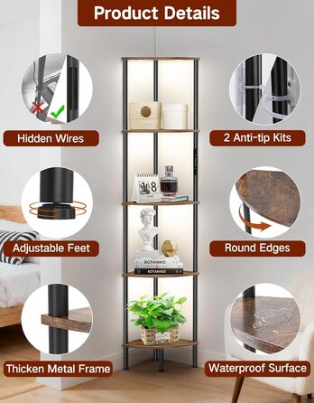 Стійка лампа OUTONLIFE з полицями, LED, 3 режими, регулювання яскравості, пульт, 5 ярусів, для вітальні, спальні, офісу, колір: Rustic Brown