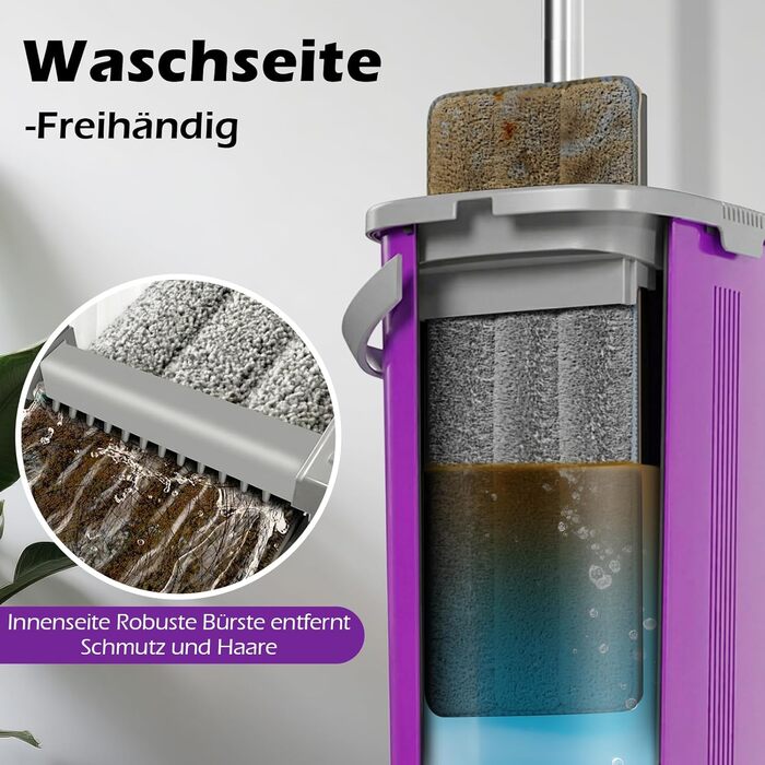 Набір для миття підлоги MASTERTOP з відром, моп з нержавіючою ручкою та 3 насадками, 2 в 1 набір відра та мопа, плоский моп з функцією віджиму для твердої підлоги, ламінату, плитки (Бежевий) (Набір для миття підлоги з відром: Фіолетовий)