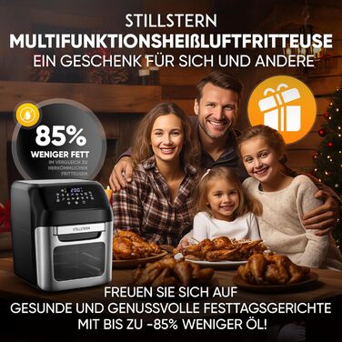 Stillstern Hot Air Fryer 12L with LED Touchscreen, XXL Recipe Book in German, 12 Programs, Preheating & Keep Warm, 1800W Hot Air Fryer Air Fryer XXL without Oil, Dehydrator, Mini Oven, Camping Grill, Black