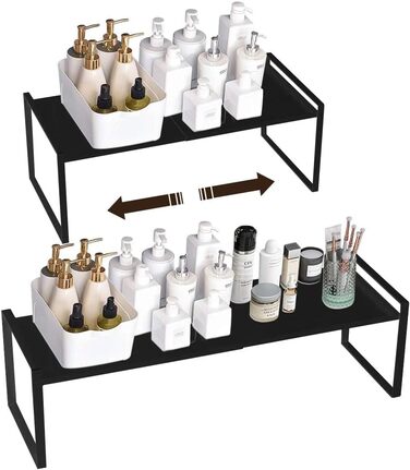 KZOBYD Expandable Kitchen Shelf, Foldable Kitchen Cabinet Shelf Spice Rack Organizer for Dishes and Supplies Stackable Kitchen Storage Organizer for Extra Storage Space (White, ) (Black, M)