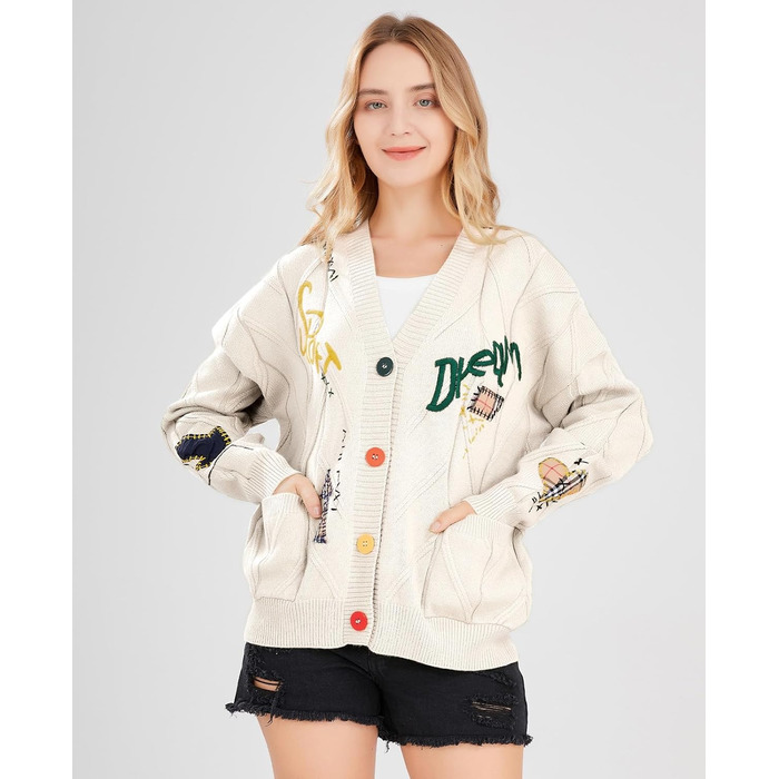 Жіноча в'язана жилетка з косами, довгі рукави, відкрита спереду, V-подібний виріз, ґудзикова застібка, вишивка, суміш вовни, пуловер, куртка, одяг для активного відпочинку, бежевий колір