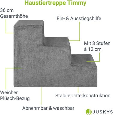 Juskys Pet Stairs Dog Stairs 36 cm - 3-Step Stairs, Washable Plush Cover - Cat Stairs Dog Ramp for Bed, Sofa, Couch and Car - Cover Grey
