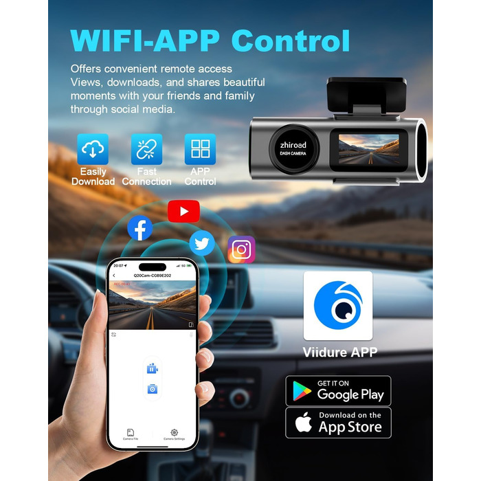 Відеореєстратор 4K WiFi з App-керуванням, 64GB SD-карта, кріплення, IPS 1.47', 170° кут огляду, Нічне бачення, WDR, G-сенсор, циклічна запис, 24/7 паркувальний режим