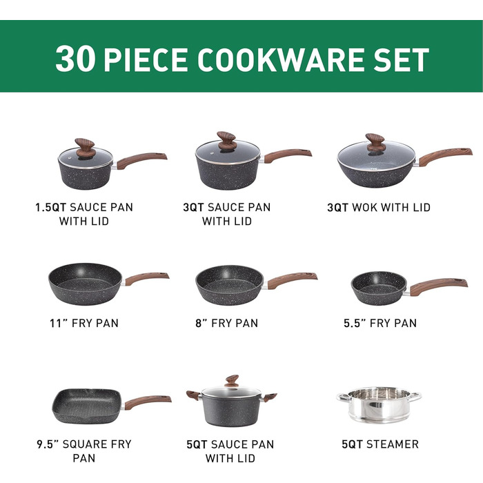 Kitchen Academy 30-Piece Induction Cookware Set with Glass Lids and Granit Coating, including Frying Pans and Pots (Black)