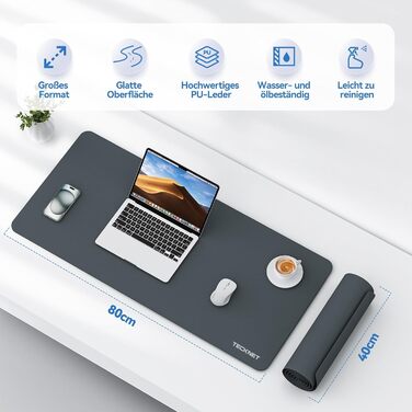 TECKNET Килимок на стіл, 80 x 40 см, захист від води, для ноутбука, PU шкіра, двосторонній, для офісу/дому (темно-сірий)