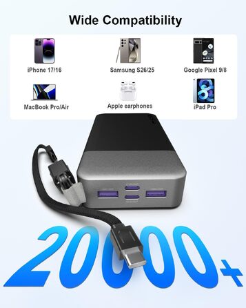 Повербанк NOBIS 20000 mAh 65W з вбудованим кабелем, швидка зарядка, 2x USB-C та 2x USB-A, для ноутбуків, планшетів та смартфонів, чорний