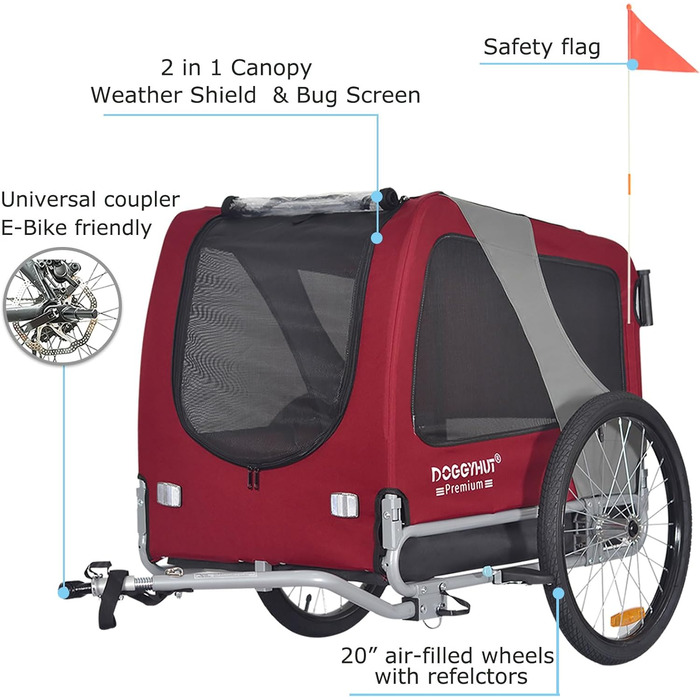 DOGGYHUT® Преміум великий велосипедний причіп для собак 2 в 1 / візок-бігунок для собак / великий причіп для собак, 270 л, до 35 кг (червоний / чорний)
