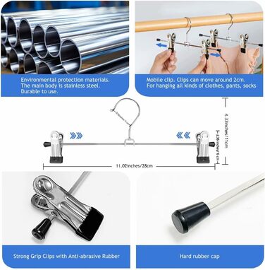 Metal Trouser Hangers, Clothes Hangers with Adjustable Clips, Anti-Slip Trouser Hangers, Strong Chrome Hangers for Trousers, Skirts, Socks, Underwear, 12 Pack